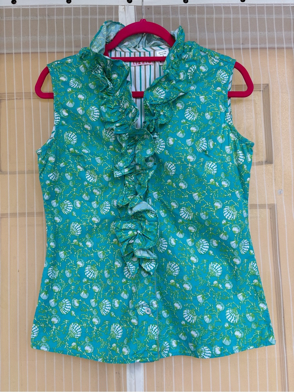 Sleeveless Ruffle-Front Floral Shell Top in Teal